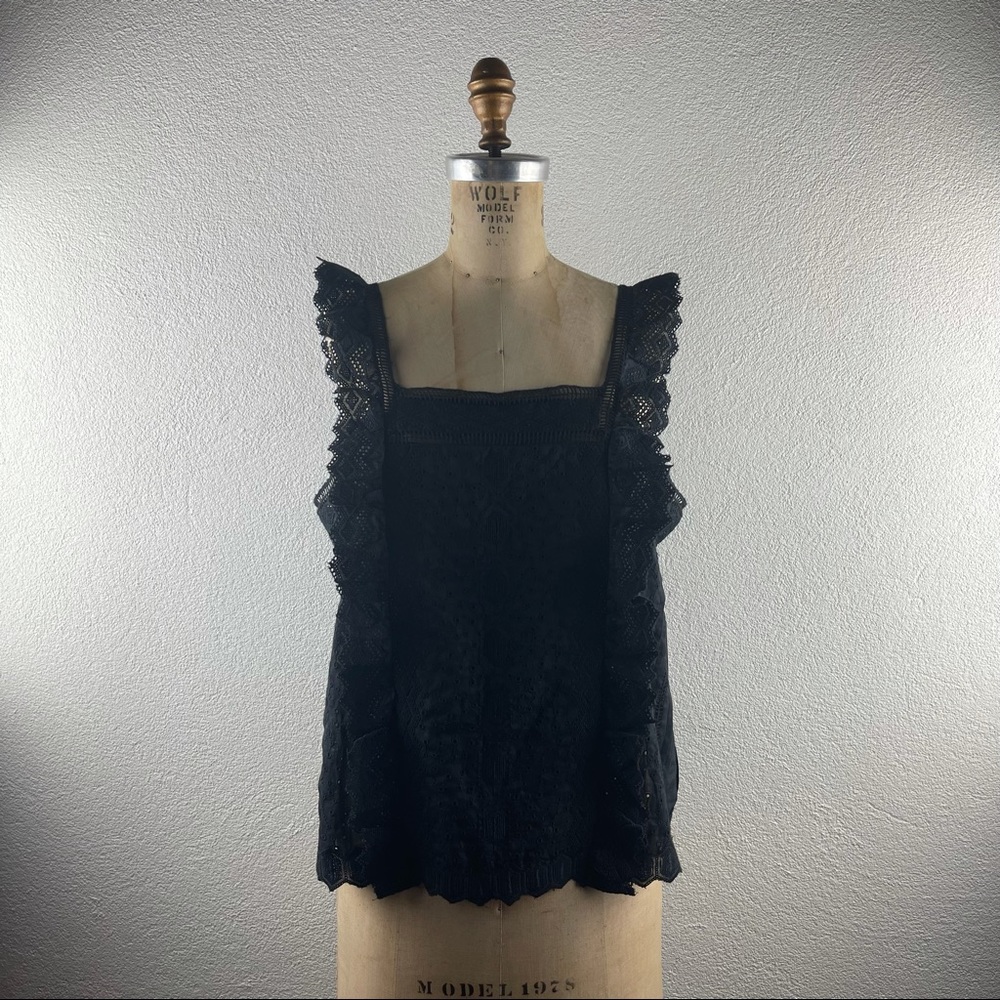 Frame l M Black Katie Ruffle Embroidered Eyelet Lace Button Back Tank Top Blouse